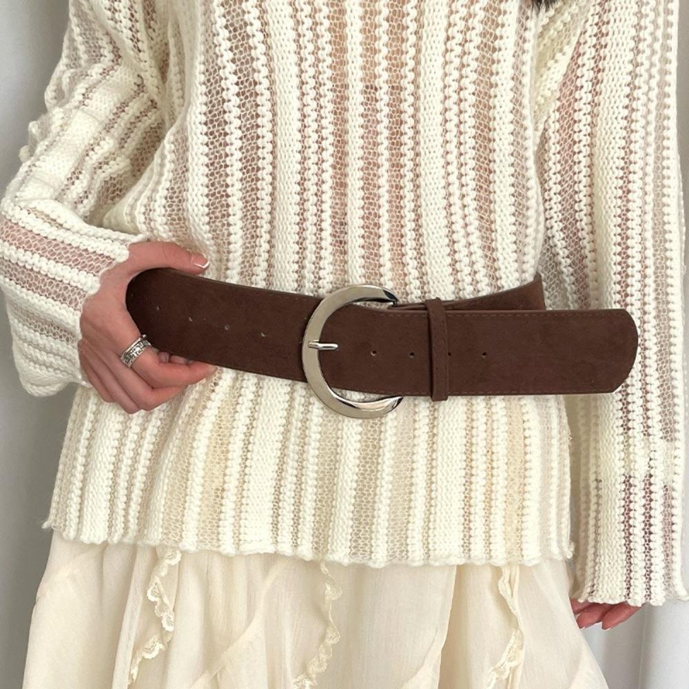 Suede Women Wide Belt Metal Buckle Western Cowboy Belt Adjustable Leather Waistband Girl