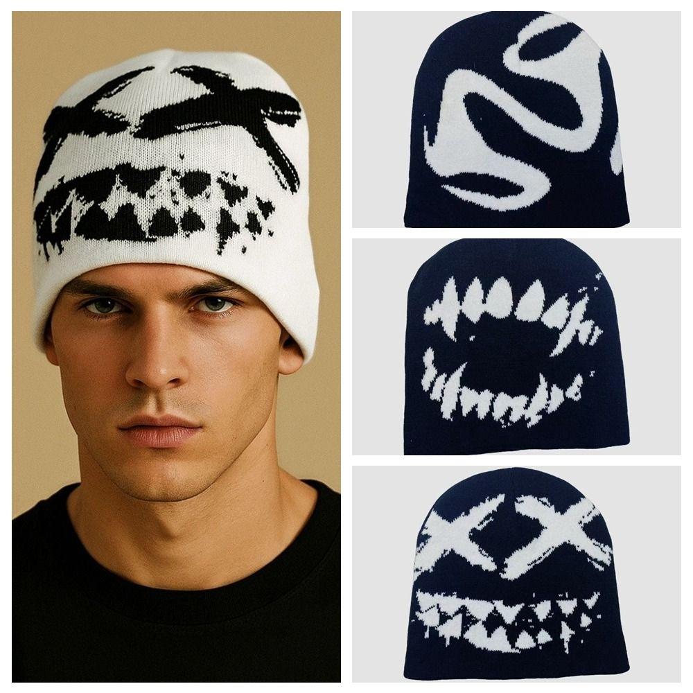 Halloween Y2K Knitted Hat Streetwear Black White Pullover Cap Jacquard Woolen Hat  Outdoor