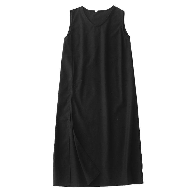 2025 summer new solid color cotton and linen split dress women's sleeveless simple V-neck over-the-knee vest skirt
