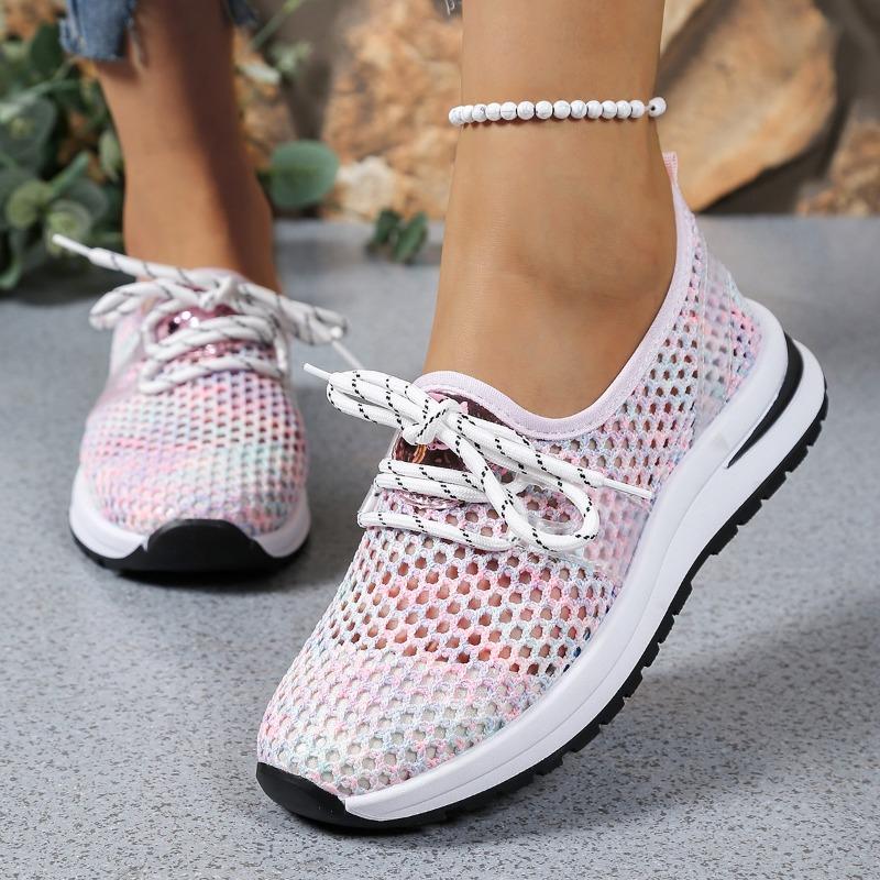 Fashion Mesh Flat Shoes Women's Fashion Round Toe Breathable Front Lace-Up Soft Sole Non-Slip Wear-Resistant Single Shoes