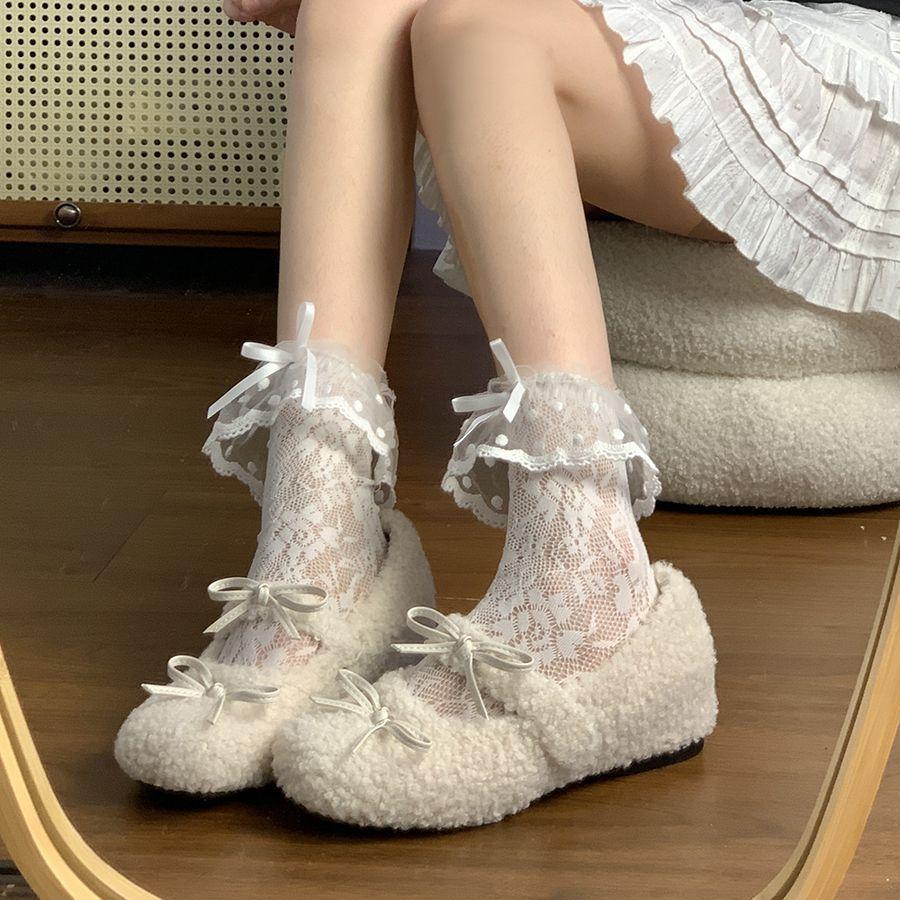 

Mary Jane retro fluffy shoes female cute cm height increase 3 bow beanie shoes small man 40