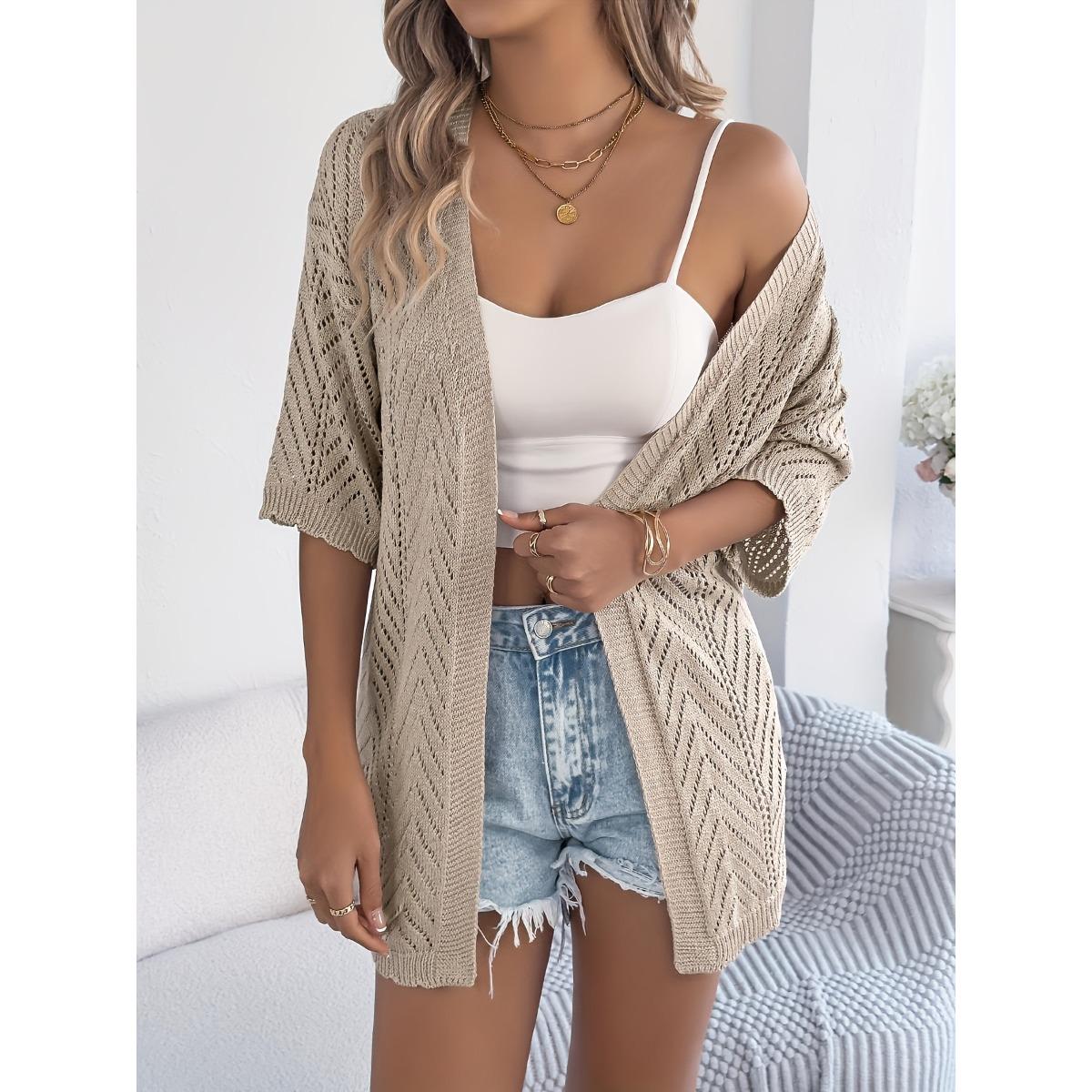 

Spring Summer Women s Solid Color Thin Open Knit Cardigan Casual Versatile Hollow Out Knitwear XL хакі