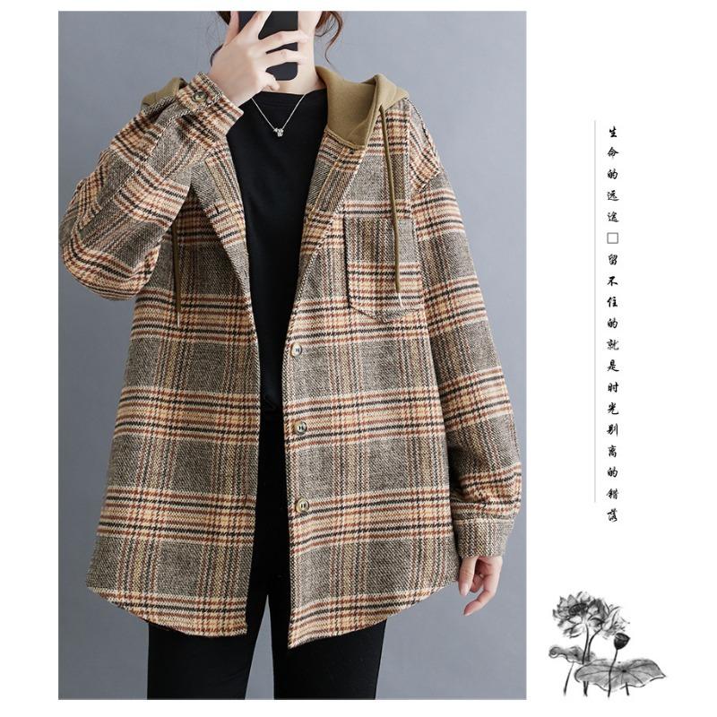 Women S Plus Size Hooded Plaid Wool Blend Shirt Coat For Autumn Winter