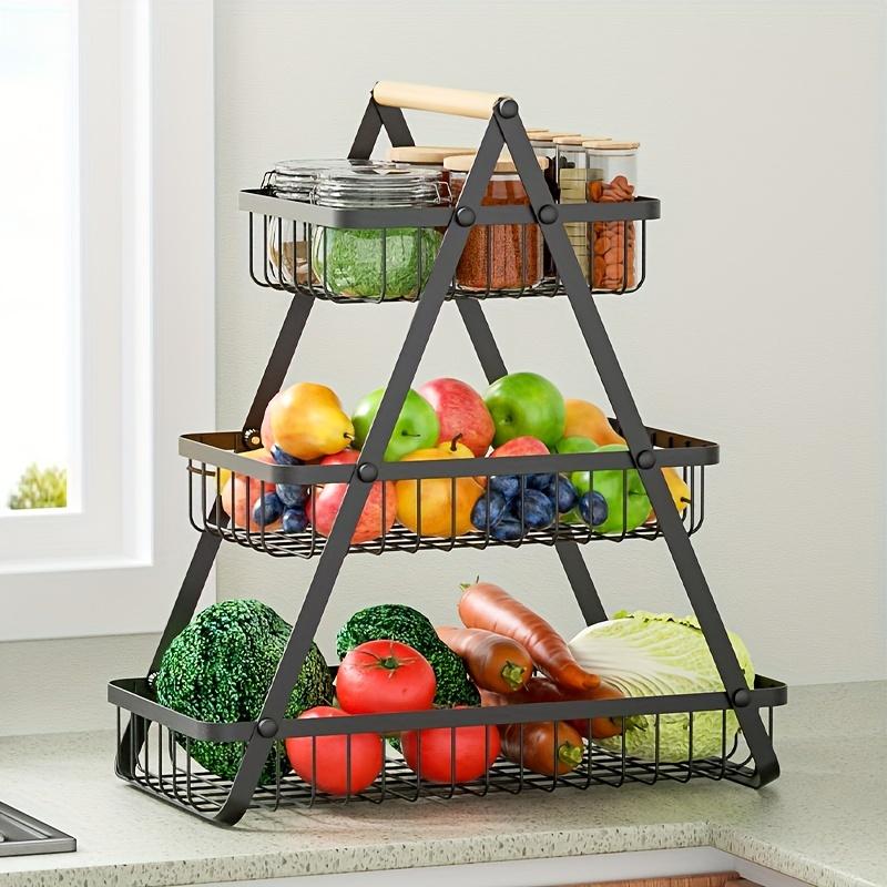 1pc 2/3 Tiers Storage Basket Countertop for Bathroom, Basket Bowl Stand Detachable Metal Wire Basket with Wooden Handle for Bathroom Storage Rack