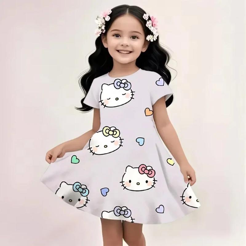 2026 Girl Short-Sleeved Dress Cute Kuromi Hello Kitty print Skirt Summer New Clothes Original Brand Clothing Children's sleep