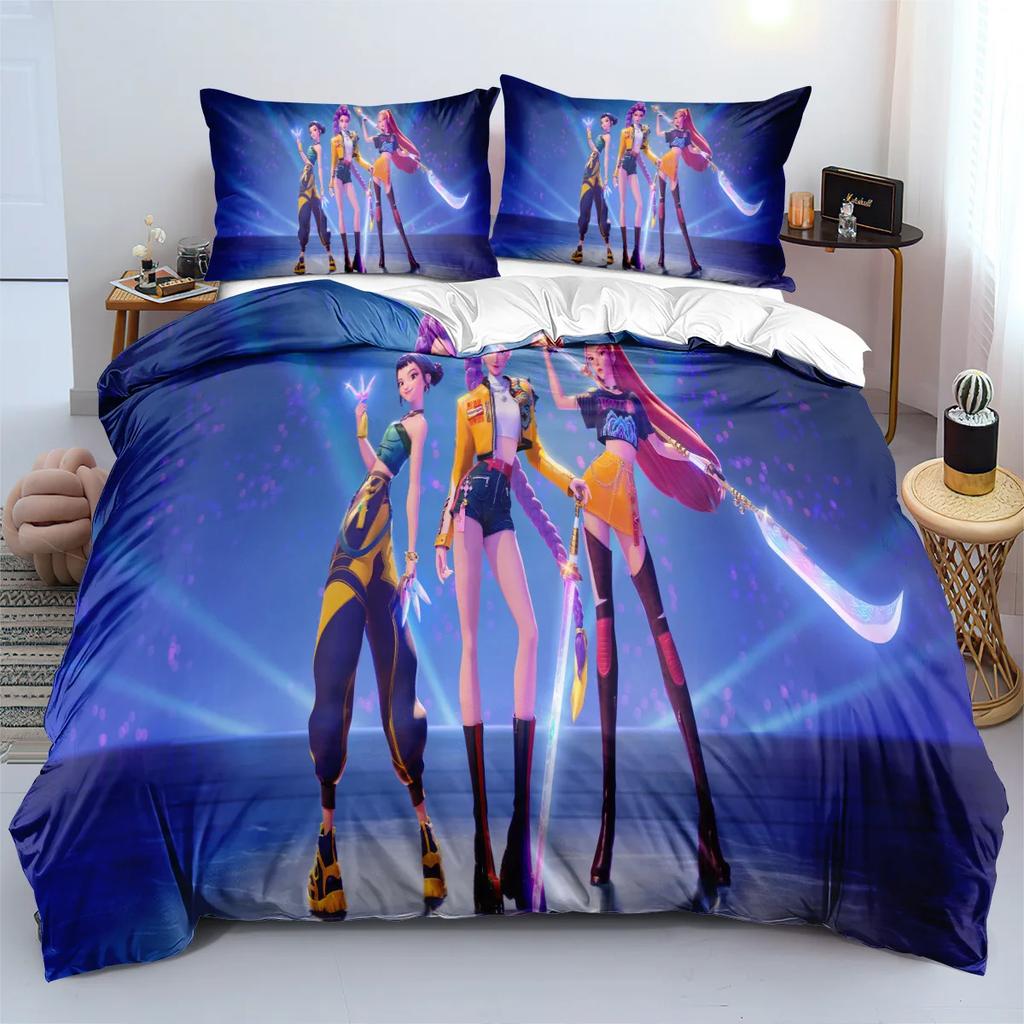 KPop Demon Hunters Themed Bedding Set Colorful Print Polyester Student Dormitory Bed Sheet Quilt Cover Kid Gift Home Textile