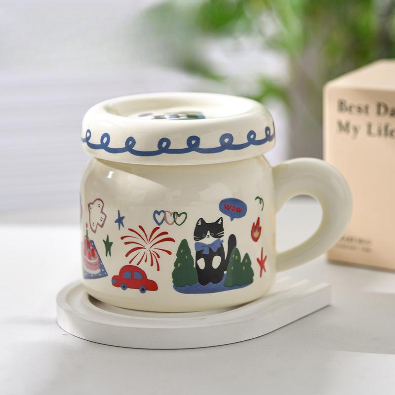 Cat Ceramic Cup with Lid Mug Girl Cute Literary Milk White Small Drinking Water Cup Office Worker Coffee Cup