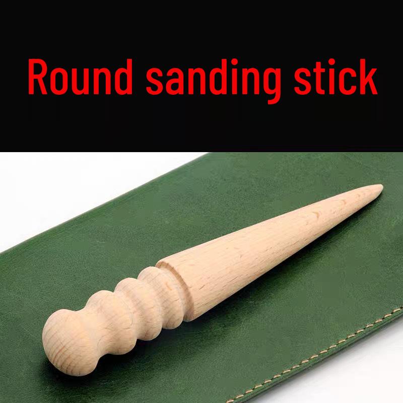 Handmade Beech Wood Leather Polishing Stick with Flat Disc, Grooved Edge, and Fine Tip for Durable Trimming.