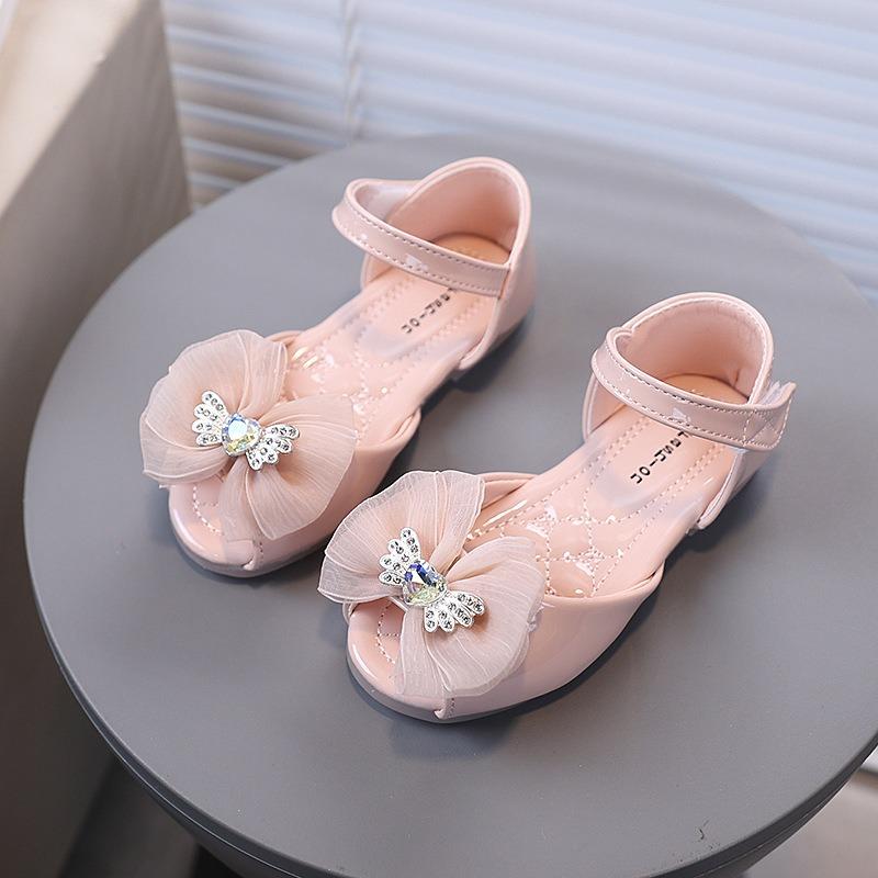 

Butterfly Buckle Ribbon Bow Decoration Girls Shoes, Shiny Leather Soft-Sole Princess Shoes, Peep-Toe Children s Princess Sandals 22 розовый