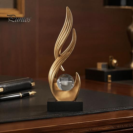 Elegant Craftsmanship Statue Abstract Decorative Sculpture with Clear Crystal Ball, Modern Flowing Curve Tabletop Decor Golden for Office Desk