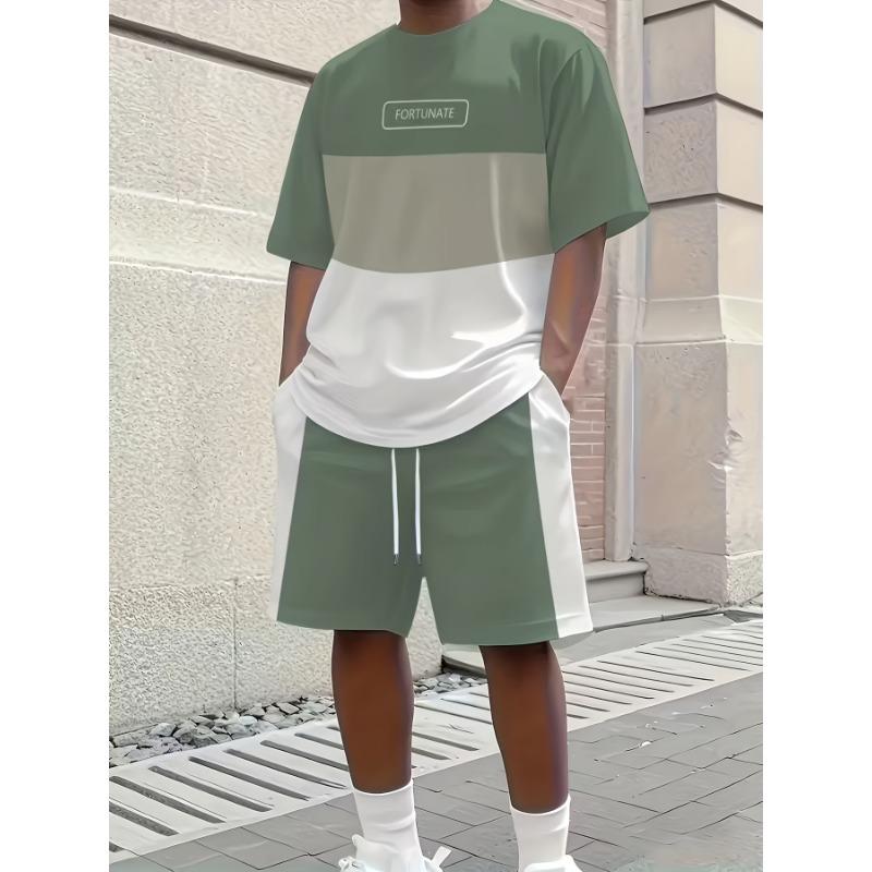 Men's Sports Short Sleeve Top Shorts Set Plus Size Breathable Basketball Sports Clothing Stripe Print T-shirt Shorts 2-piece Set