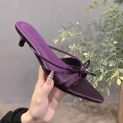 Fashion New Butterfly Knot Pointed Toe Slim-heel Flip-flops for Summer Women's Open-toe Satin Low-heel Non-slip Slippers