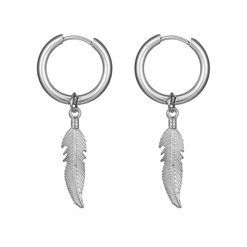 Koreanischer Punk Feder Anhänger Titan Ohrklemme & Schwarze Runde Ohrringe für Männer