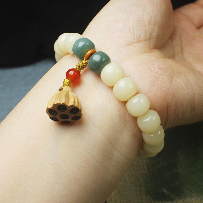 Jade Creamy Yellow Bodhi Root Barrel Bead Bracelet with Lotus Pod Pendant Unisex Chinese Style Wooden Hand Decoration Jewelry