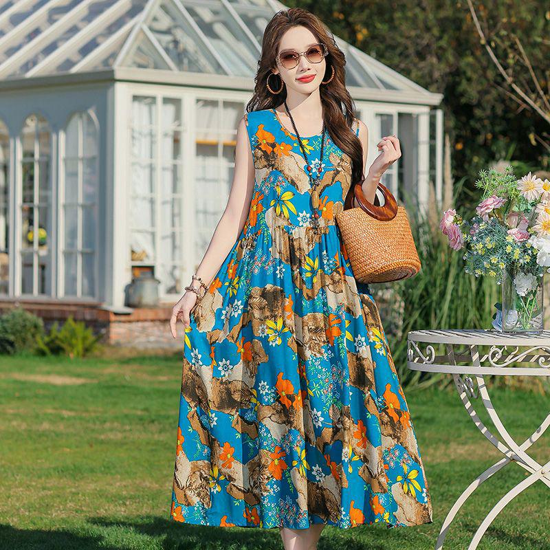 Elegant Plus Size Floral Cotton-Silk Sleeveless Summer Dress