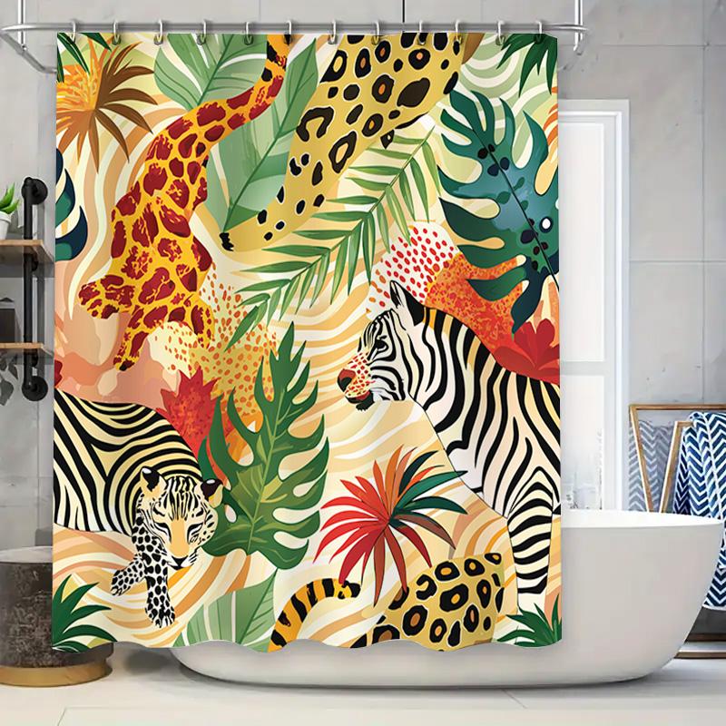 Animal Print Shower Curtain TROPICAL JUNGLE Wildlife Pattern Bath Rug Decoration Zebra Leopard Tiger Greenery Yellow Red Decorat 90x180cm