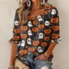 Women's Halloween Print Round Neck Tie Front Ruffle Blouse Three-Quarter Sleeves