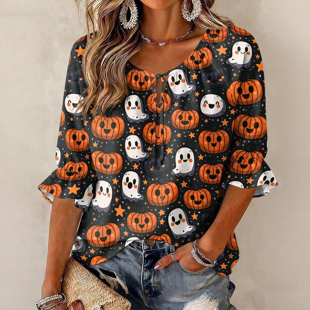 Women's Halloween Print Round Neck Tie Front Ruffle Blouse Three-Quarter Sleeves