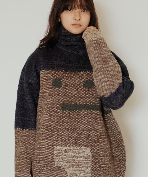 GROUNDWORK Square Man Turtleneck Knit Sweater / Navy Brown Mix