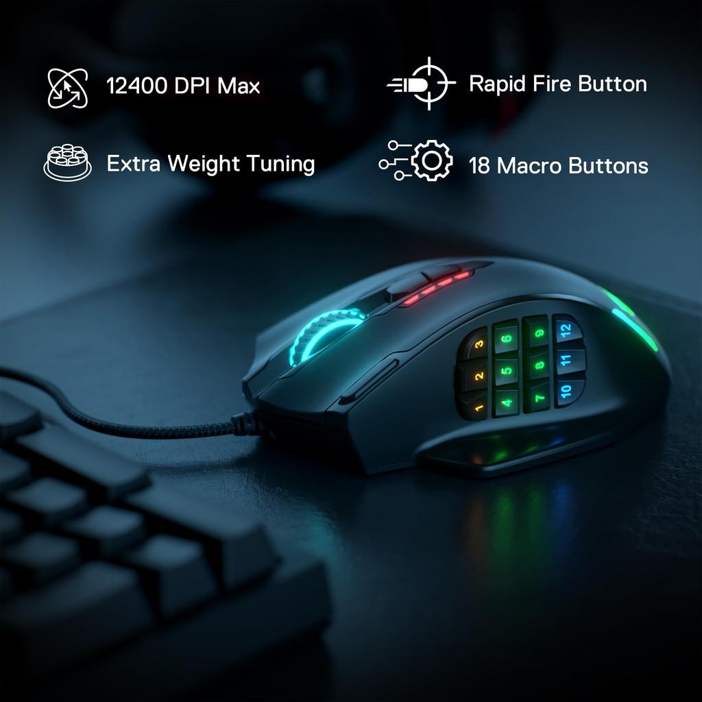 Redragon M908 Impact RGB LED MMO Gaming 12 Side Optical Wired Ergonomic Gamer Up to High 20 Programmable Macro with Comfort Grip Mouse, Buttons,