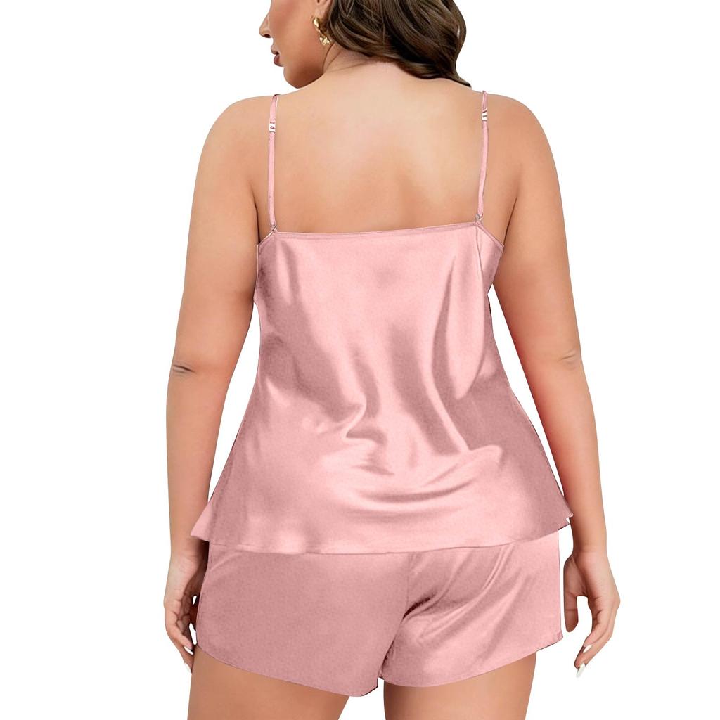 Women Satin Sleepwear Set Cowl Neck Camisole And Shorts Two Piece Lingerie Soft Lightweight Relaxed Fit Nightwear
