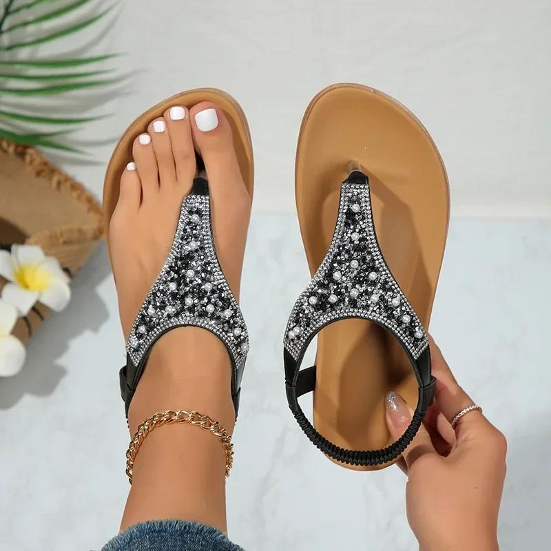 Fashion Lucyever Summer Clip Toe Bohemia Sandals Women 2024 Fashion Shiny Crystal Flat Sandalias Woman Non Slip Sole Beach Sandles Mujer