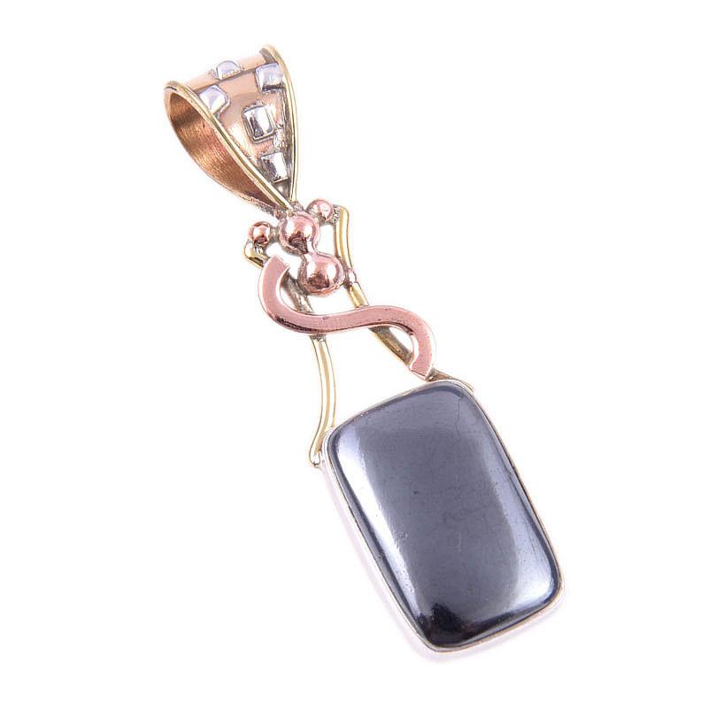 Přírodní drahokam Gunmetal 925 Ryzí Sterlingové Stříbro Dvoubarevný Přívěsek 1,75" t1D90