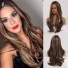 Women's Full Head Wig, Brown Gradient Middle Part Long Curly Synthetic Hair, Machine‑Made, Can Be Tied Into Bun