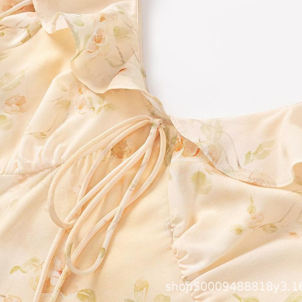 Pure Desire French Retro Yellow Printed Dress Women's Summer New Holiday Style Temperament Elegant Waist Dress