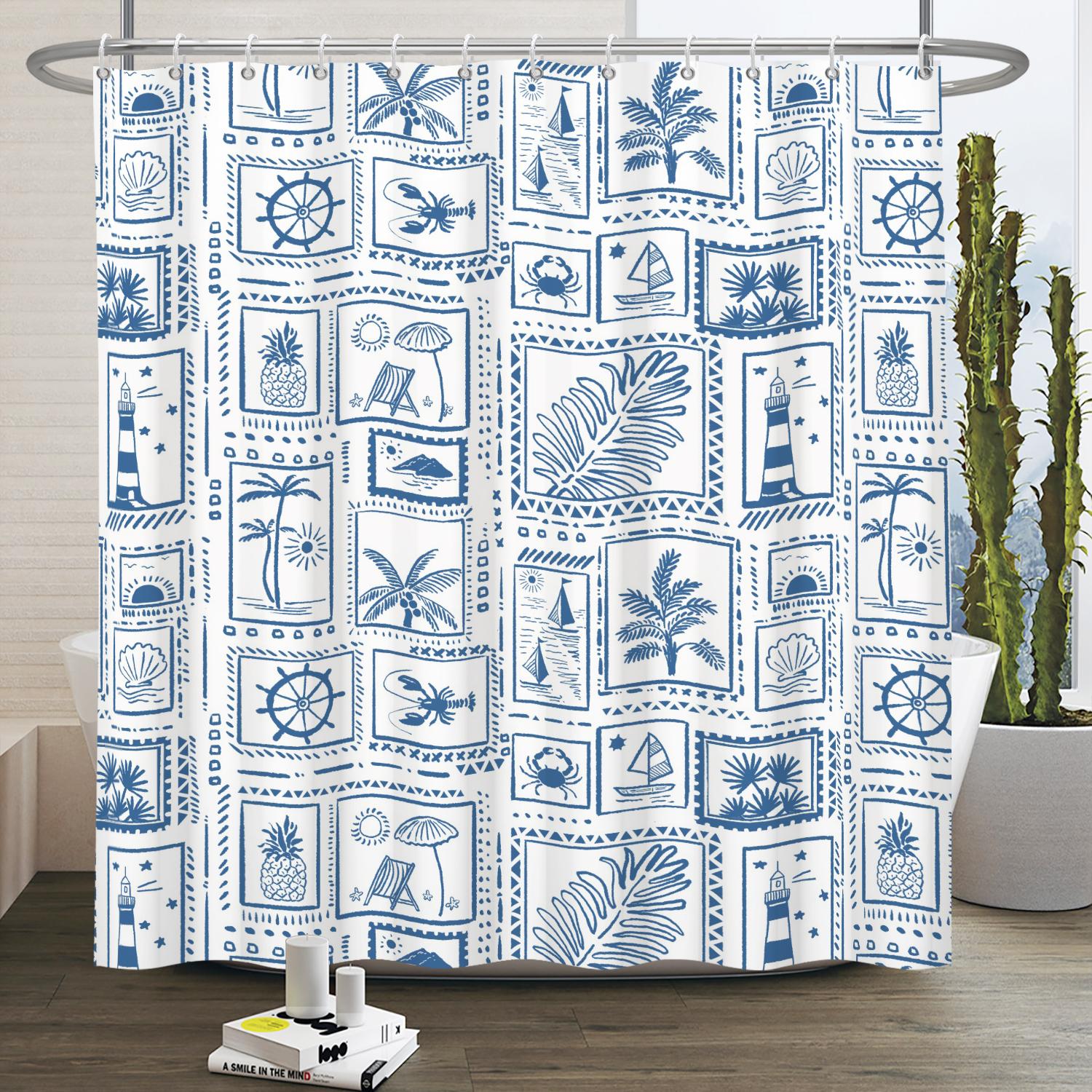 Морская Жизнь Занавеска для Душа Ракушки Морские Звезды Якорь Морской Стиль С Крючками Декор Ванной Комнаты Водонепроницаемая Занавеска Морская Тема W90 x H180cm