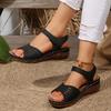 Large size wedge heel sandals summer new hollow flower thick sole one-word buckle with Velcro sandals