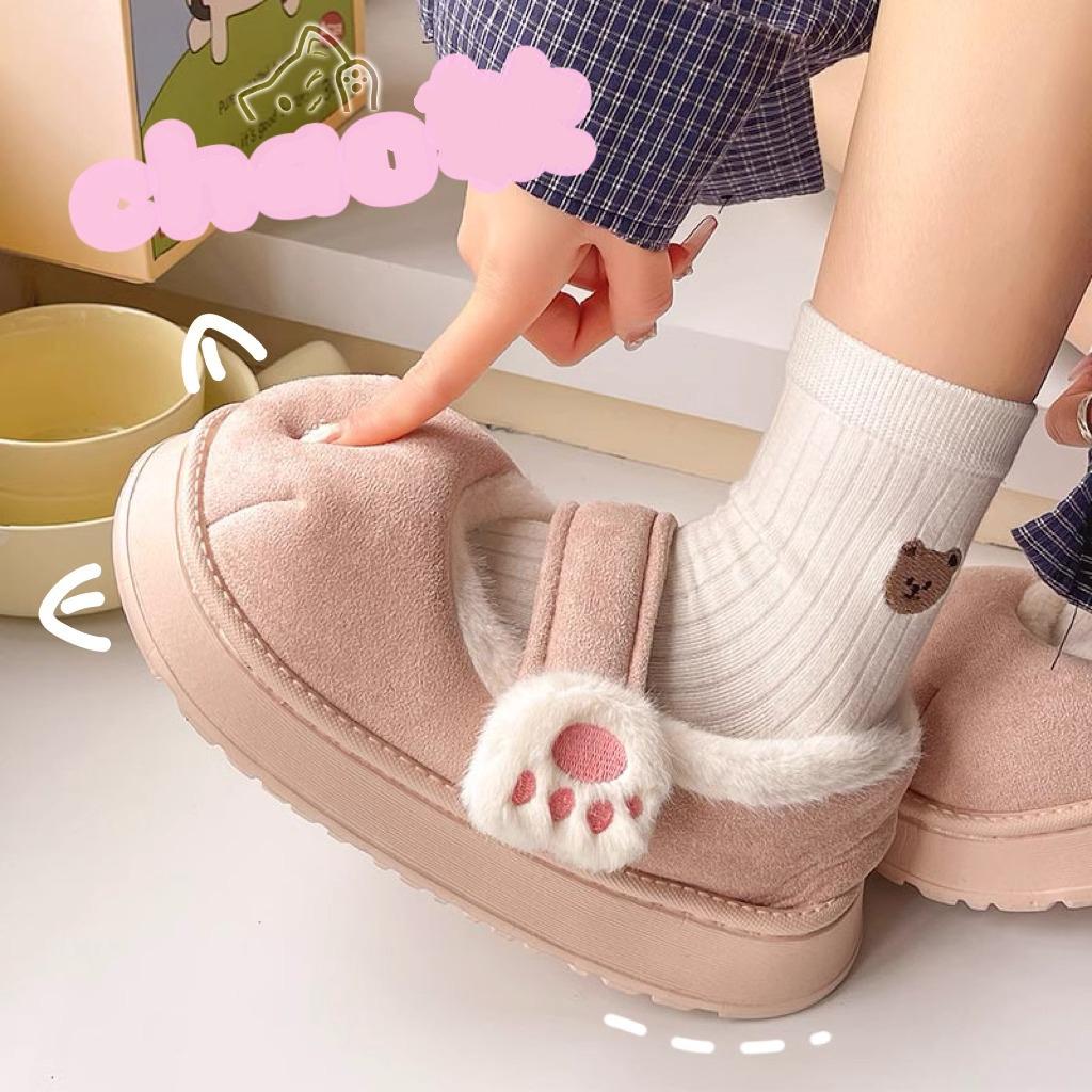 Cute Cat Paw Snow Boots Shoes Winter Velvet Thick Sole Indoor Outdoor Shoes Round Toe Ankle Boots