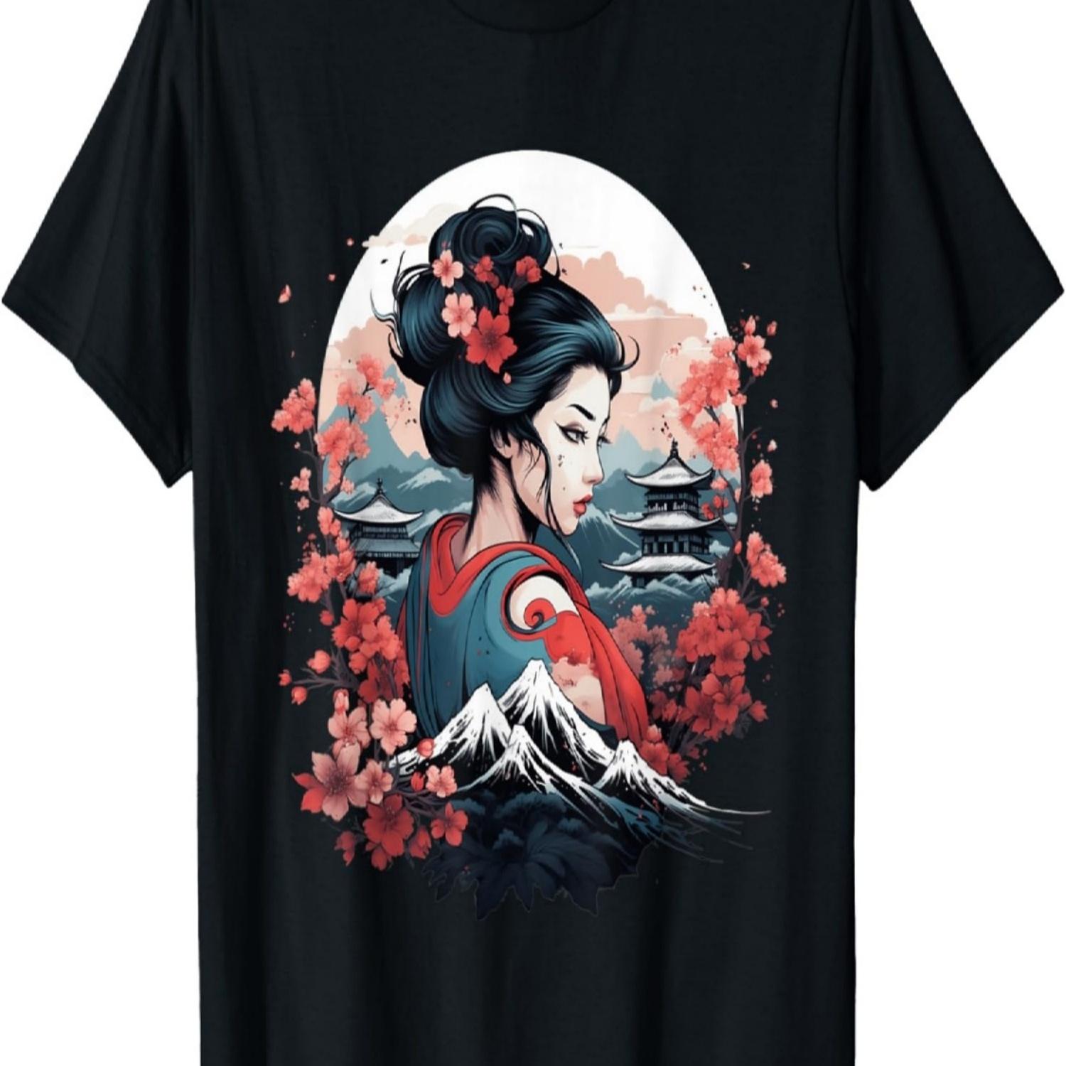 Футболка с гейшей, горой Фудзи, пагодой и цветами сакуры(79) S чёрный