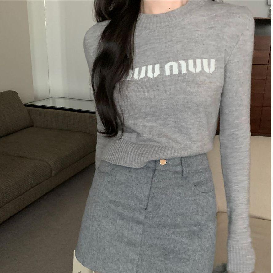 

Letter-embroidered Long-sleeved Sweater, Women s Warm Knitted Sweater, Short Top one size сірий колір