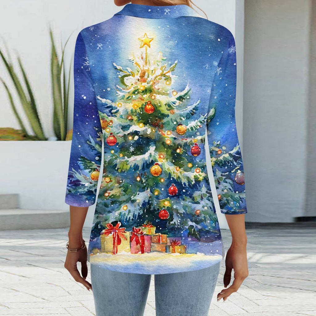 Mote dame casual revers kort 3/4 ermet juleprint skjorte dame knapp opp topper