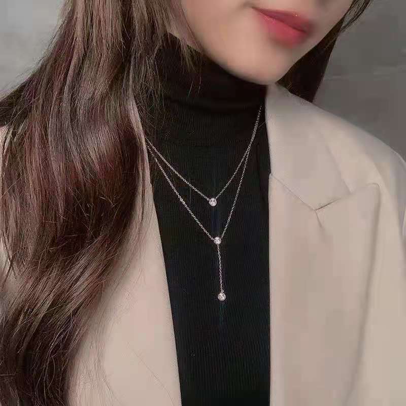 Stainless Steel Double Layer Y Shape Chain Zircon Pendant Necklace For Women Statement Choker Necklace