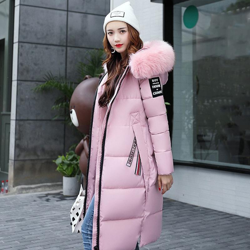 Women's Down Parkas Winter Jacket Fur Collar Thick Slim Coat Fashion Hooded Cotton Outerwear Long Winter Women Coat