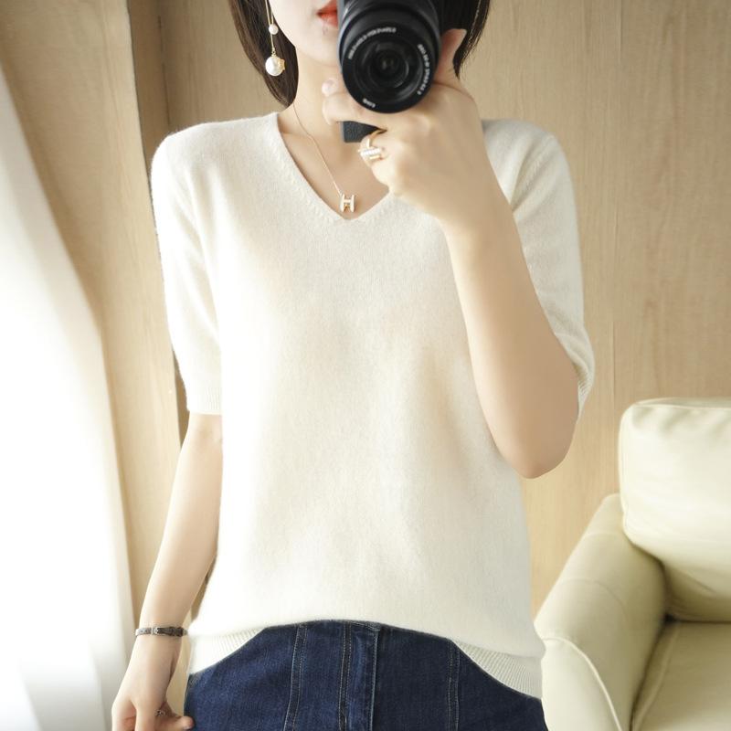 GMXIA Spring Short-sleeved Women's Fashion Sweater Sweater Knit V-neck Half-sleeved Fashion Everything Loose Base T-shirt