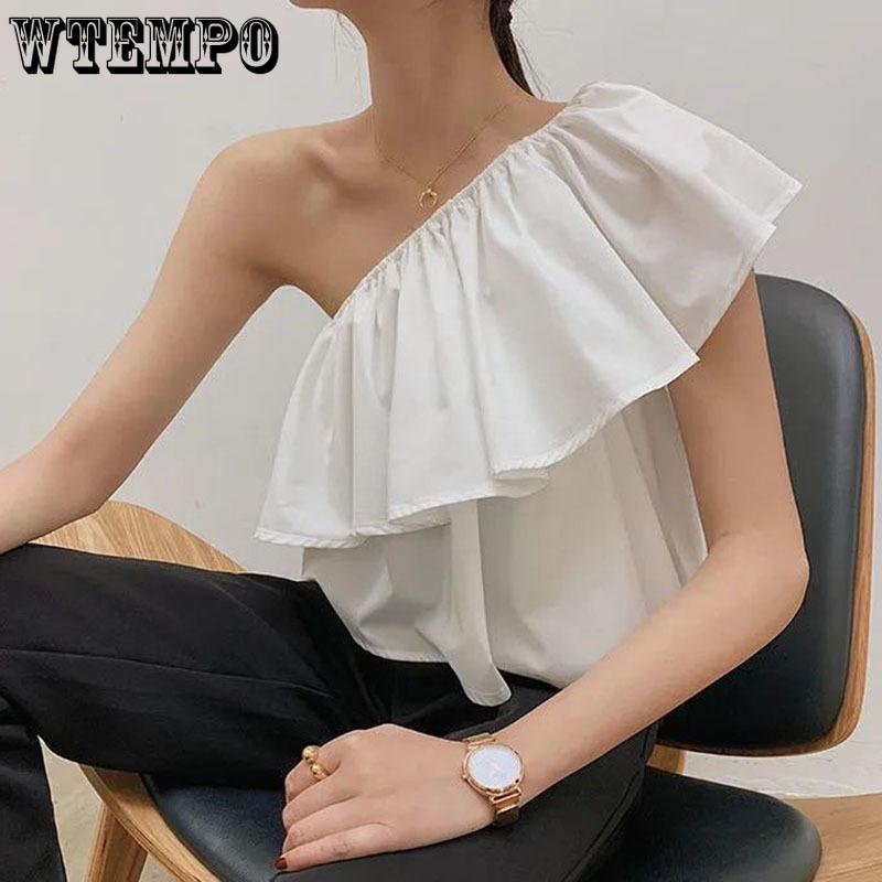 Sweet Off Shoulder Ruffled Top Women White Short T-shirt High Waist Navel Expose Sexy Desire Sleeveless Sloping Shoulder Summer