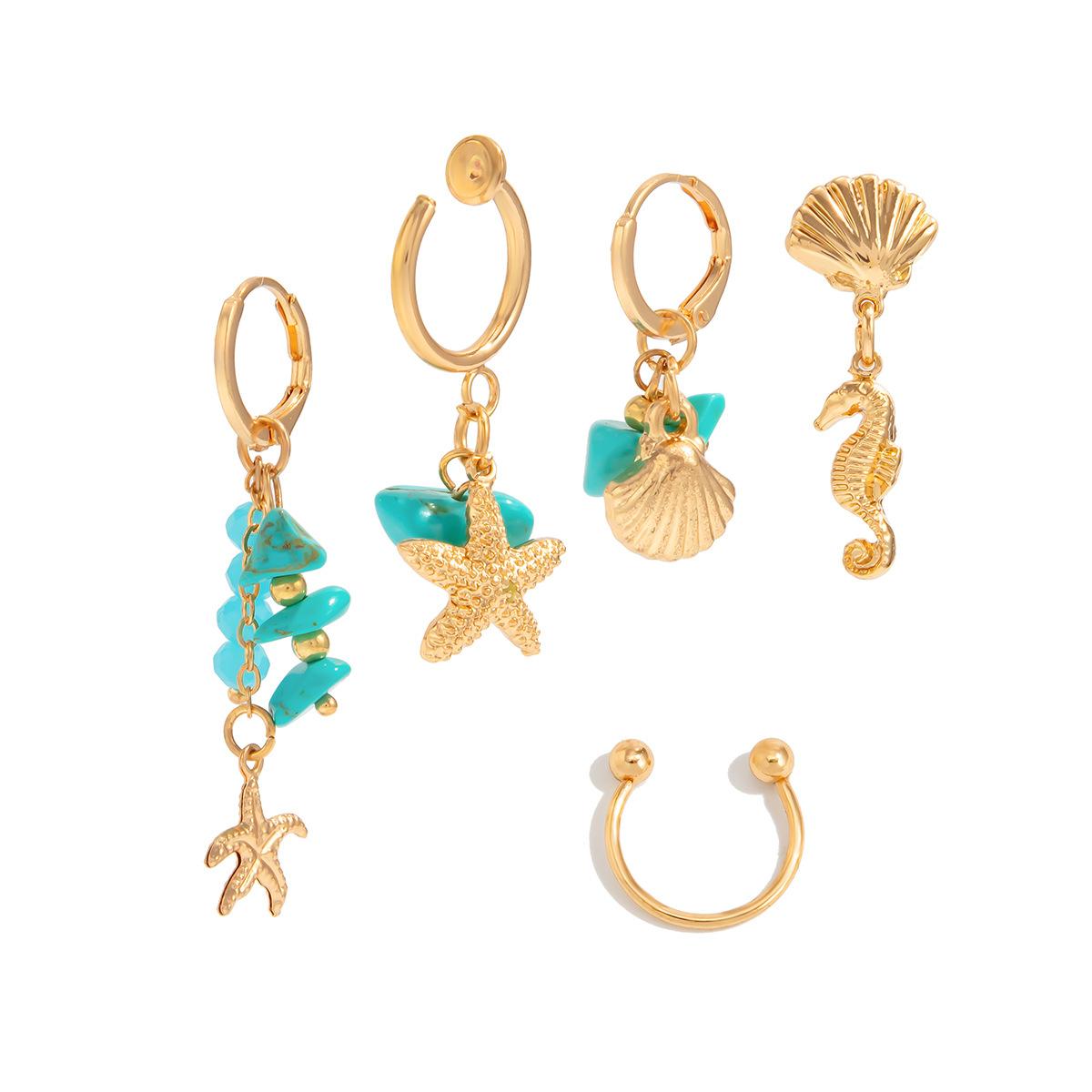 

Ethnic Style Imitation Turquoise Pendant, Earbone Clip Earrings, Holiday Style Starfish Scallop Shell Earrings Set