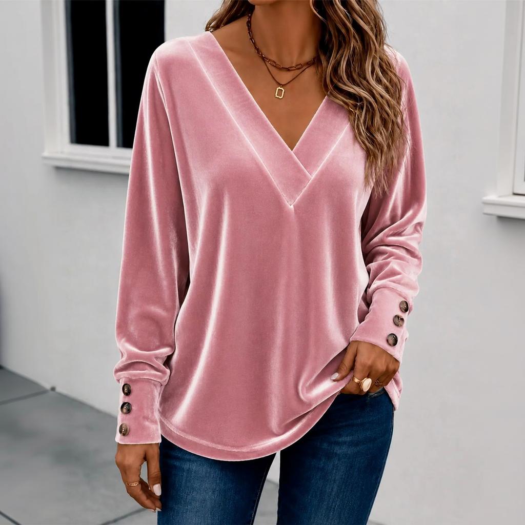 Women's V-Neck Long Sleeve Button Casual Pullover Top