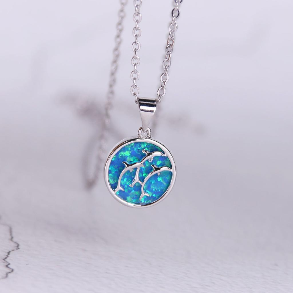 KELITCH Synthetic Opal Choker Necklace with Dolphin Pendant, 16-18" Chain Necklace (Blue)