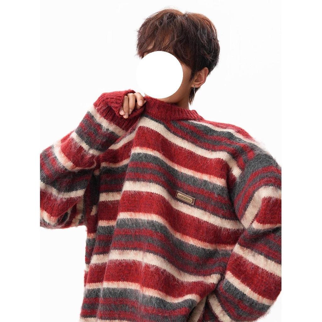 Unisex Retro Rot Gestreifter Mohair Pullover – Herbst/Winter Stil