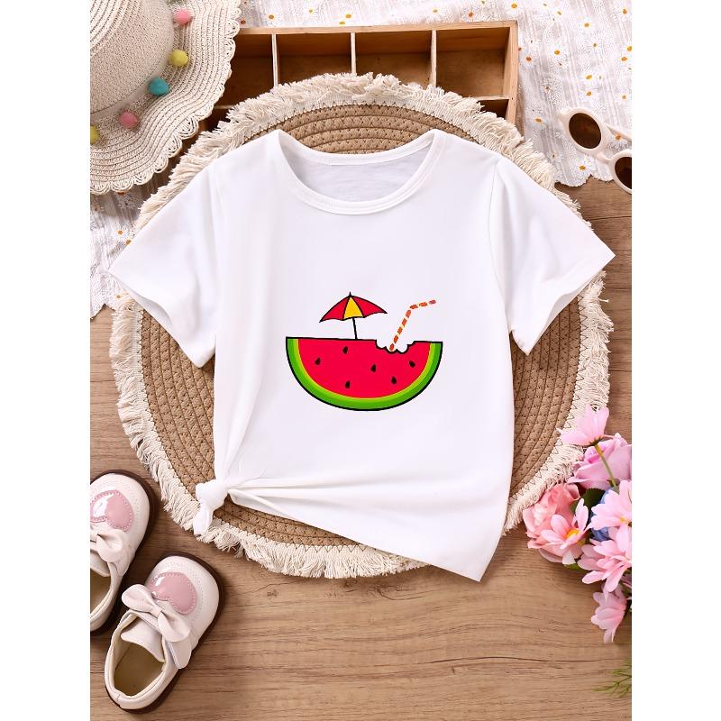Summer T-Shirt for Girls Featuring a Cute Round Neck Design with a Sweet Watermelon Print Perfect