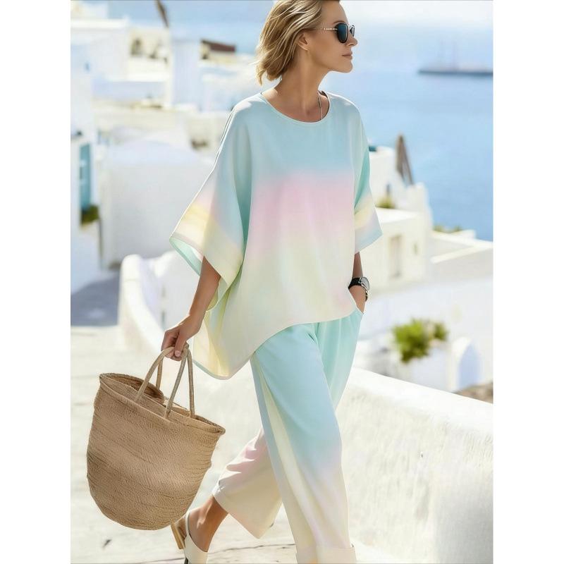 One wholesale, European and American style suit, summer loose round neck bat sleeve top, casual wide-leg pants two-piece set