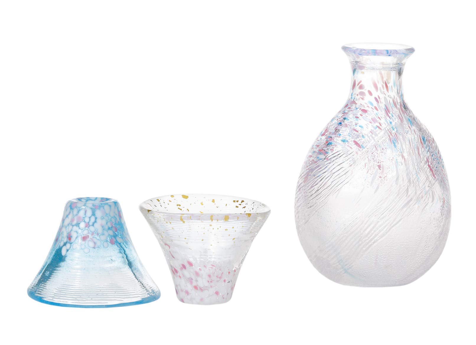 Toyo Sasaki Glass Lucky Cup with Sakura Fuji Design, Sake Set, Made in Japan, Includes Sake Glass and Carafe, Mount Fuji Design, Gift, Present for Res
