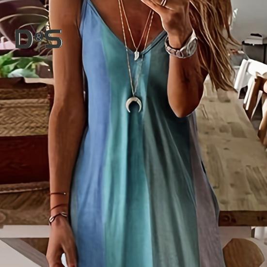 Women's Spaghetti Strap Gradient Long Dresses Summer Casual V Neck Flowy Maxi Dress Loose Beach Sundress