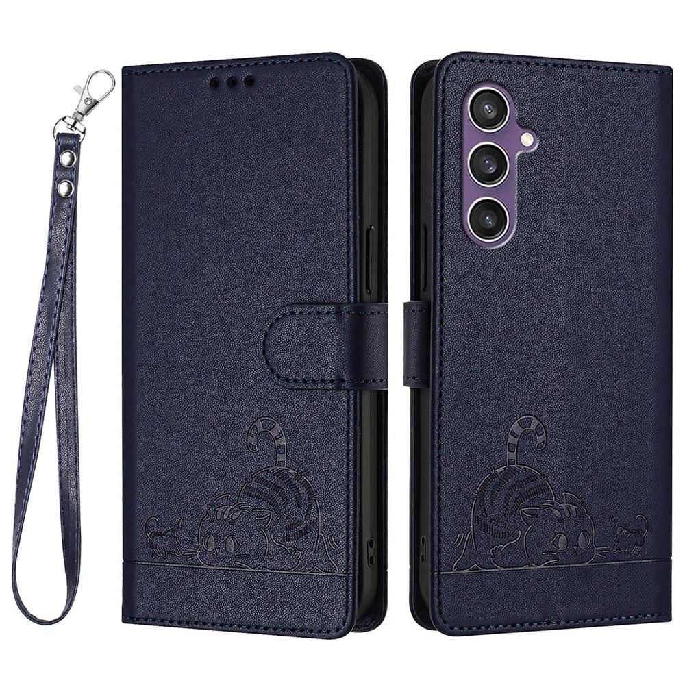 

For Samsung Galaxy S23 FE Case with Strap RFID Blocking Leather Wallet Phone Cover Cat Mouse Pattern Sapphire