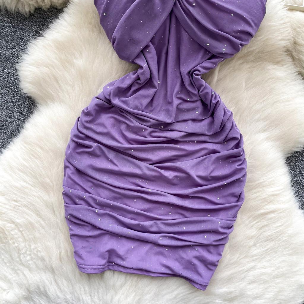 Summer Women One Shoulder Strapless Sexy Bling Bling Slim Sheath Bodycon Mini Short Club Party Dresses