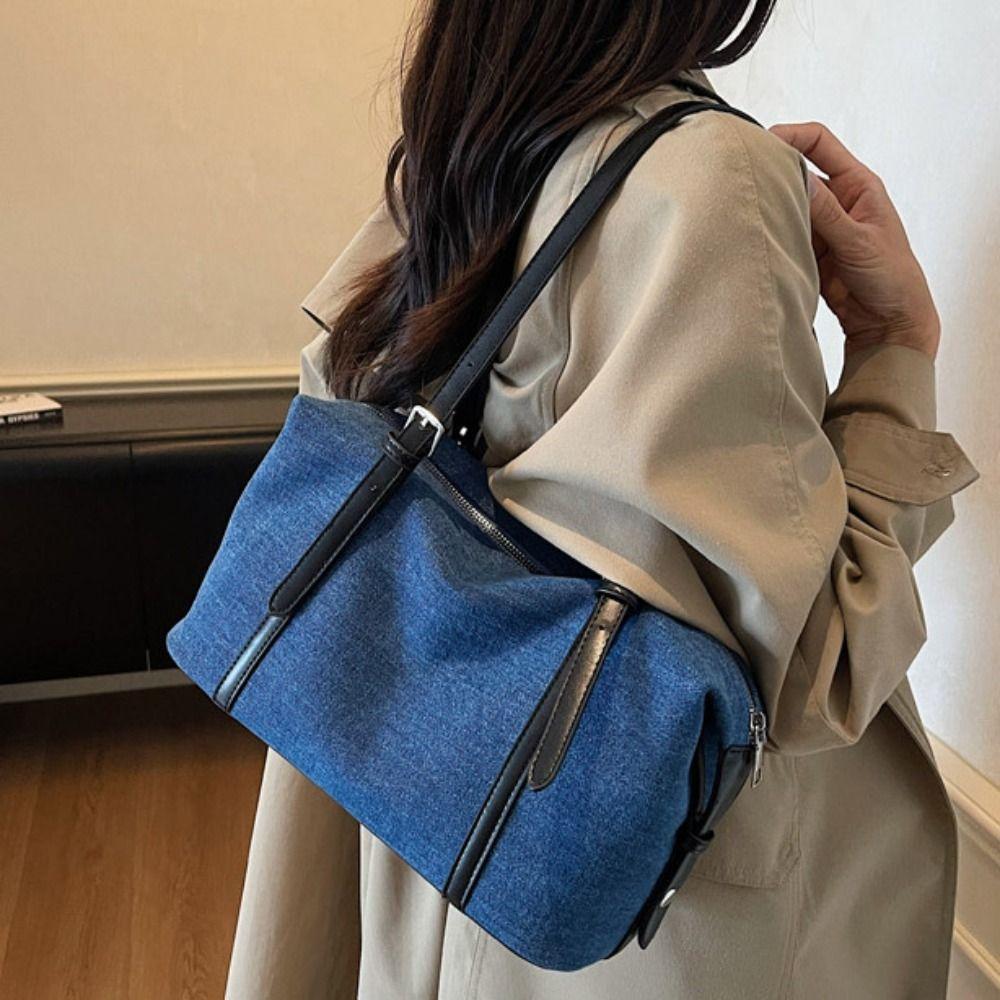 Solid Color Denim Tote Bag Korean Style Underarm Packs Cute Large Capacity Handbag  Women